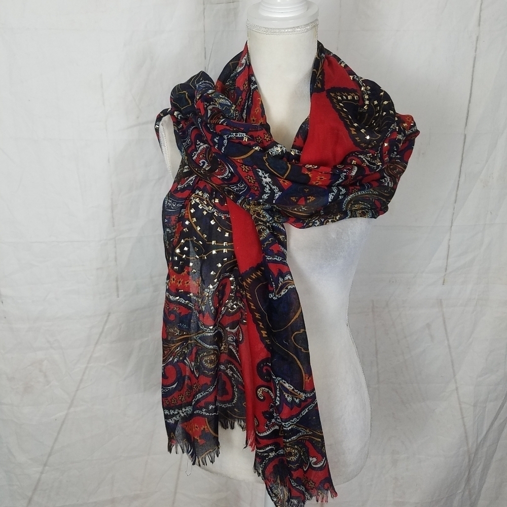 Red blue paisley studded scarf